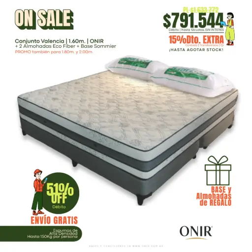 Combo Colchón VALENCIA + Base Sommier + Almohadas de REGALO